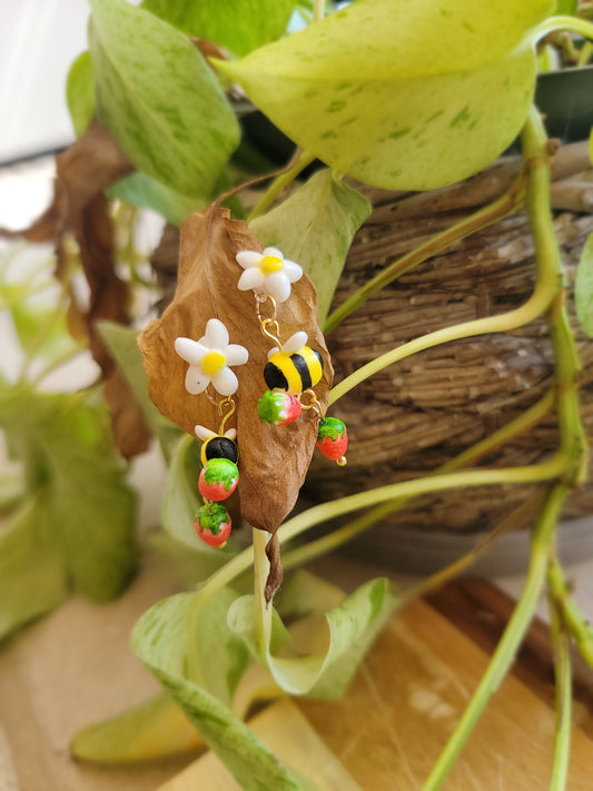 Dangly Bee and Strawberry Earrings