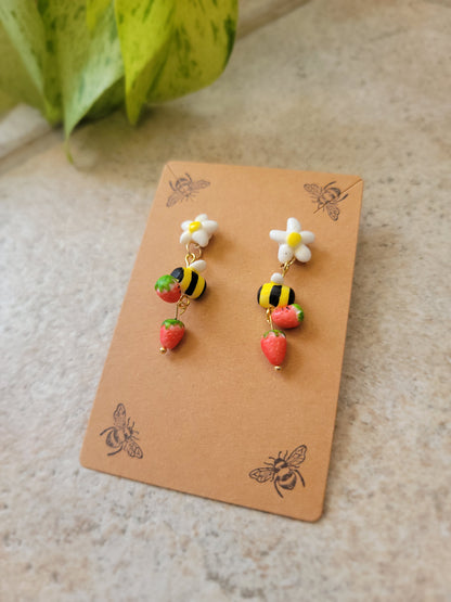 Dangly Bee and Strawberry Earrings
