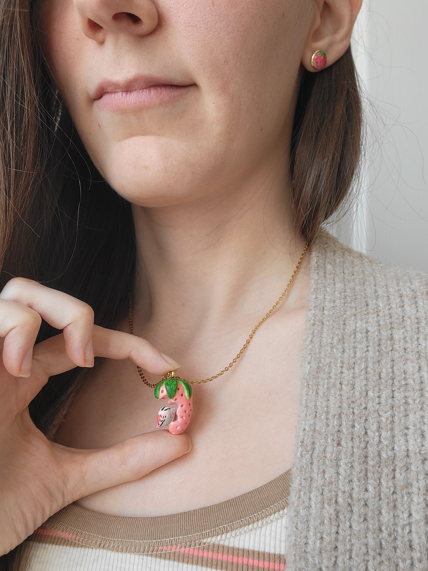 Tiny Bird In Strawberry Necklace