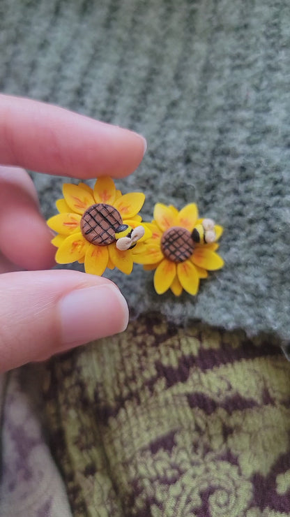 Sunflower and Bee Stud Earrings