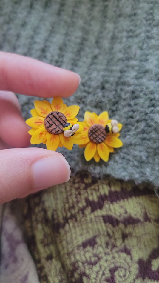 Sunflower and Bee Stud Earrings