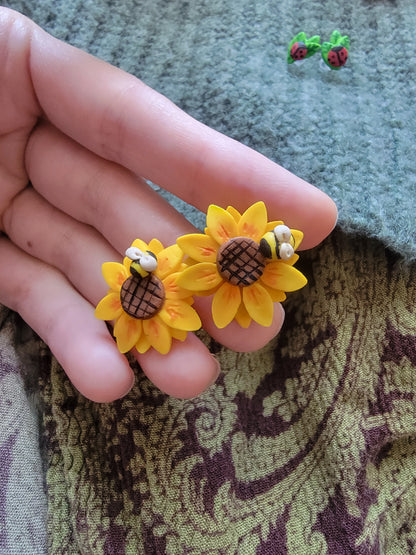 Sunflower and Bee Stud Earrings