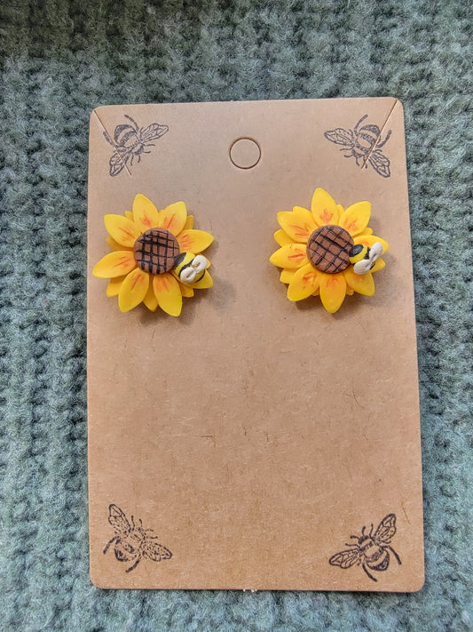 Sunflower and Bee Stud Earrings